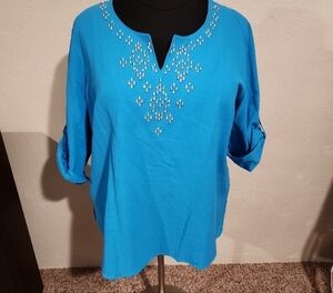 Susan Graver Embellished V Neck Tunic Top Women 2X